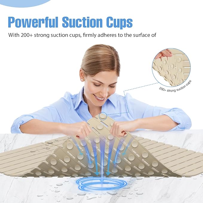 ​Shower Mat Non-Slip Bath Mat for Tub and Shower Stall,200+ Suction Cups with Drain Holes, Quick Dry Machine Washable, Extra Grip for Stand Up Showers, Bathroom Essentials 24x24 Inch (Light Brown) - Image 2