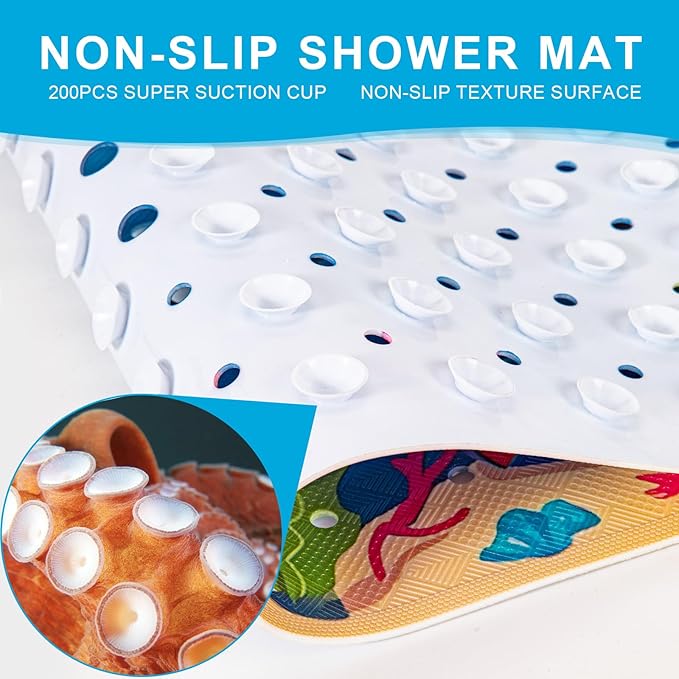 XIYUNTE Baby Bath Mat for Tub Non Slip Kids Bath Mat - 40''x16'' Extra Long Cartoon Shark Baby Bath Tub Mat Eco-Friendly Toddler Bath Mats with Suction Cups & Drain Holes, Easy to Clean & Easy Drying - Image 2