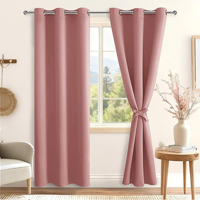 Hiasan Blackout Curtains for Bedroom, 42 x 84 Inches Long - Thermal Insulated & Energy Saving Window Curtains for Living Room, 2 Drape Panels Sewn with Tiebacks, Dusty Rose - Image 2