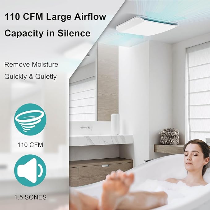Bathroom Exhaust Fan Ceiling Mount 110CFM, Quiet Ventilation Fan 1.5 Sones with Hidden Grille Cover & Metal Motor, 4-inch Duct Household Extractor, Ideal for Bathroom Remodeling (White) - Image 2
