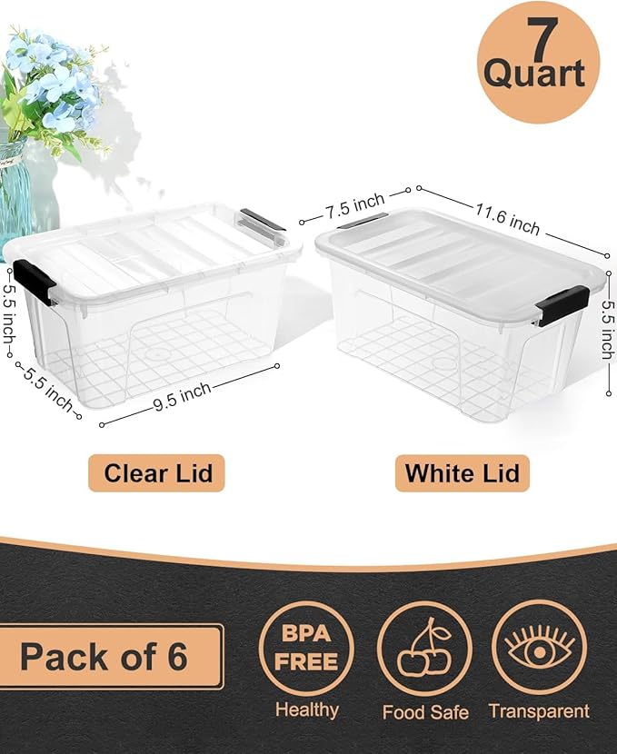 Plastic Storage Bins with Lids 6 Pack, 7 Quart Storage Containers with Black Buckle Latch, Stackable Storage Containers for Home Pantry Office Classroom Organization, - Image 2