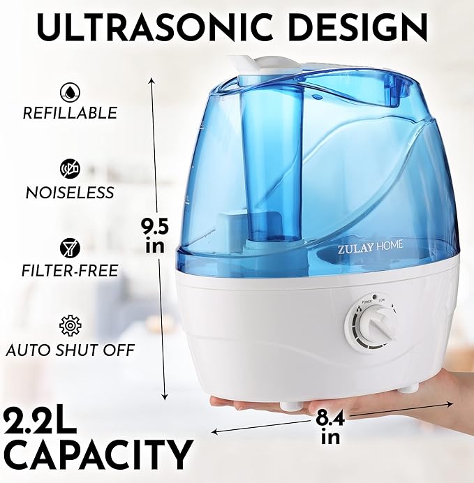Zulay Cool Mist Humidifiers (2.2L Water Tank) - Quiet Ultrasonic Humidifiers For Bedroom with Auto-Shutoff Feature - Air Humidifier For Plants, Babies Nursery and Kids Room (Blue) - Image 2
