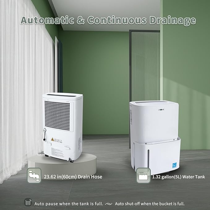 Uhome 120 Pints Dehumidifier with Drain Hose - 6000 Sq. Ft Quiet Dehumidifier for Home, Basements, Storages and Large Rooms with 1.32Gallon Water Tank - Image 2
