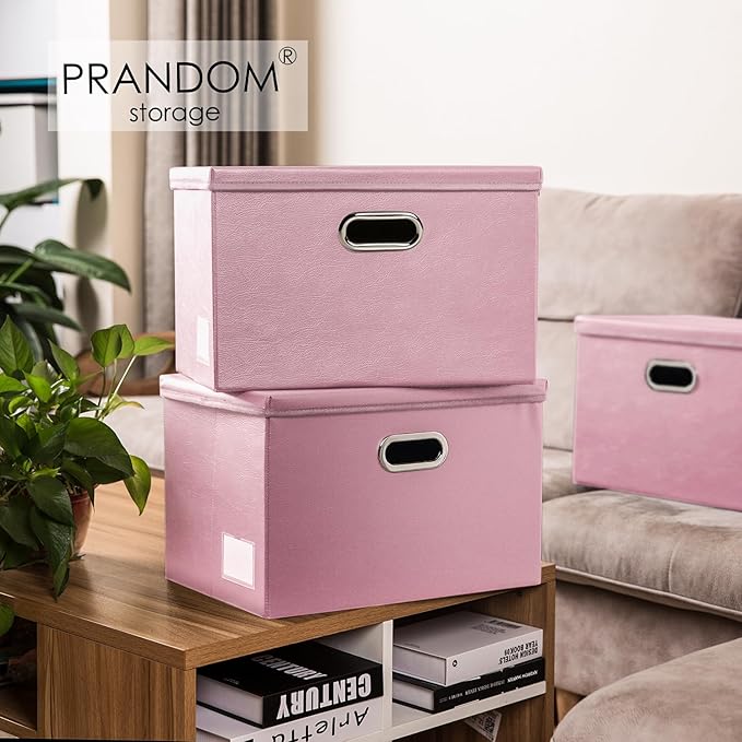 PRANDOM Large Stackable Storage Bins with Lids [5-Pack] Leather Fabric Foldable Storage Boxes Organizer Containers Baskets Cube with Cover for Bedroom Closet Office Nursery Pink (17.7x11.8x11.8) - Image 2