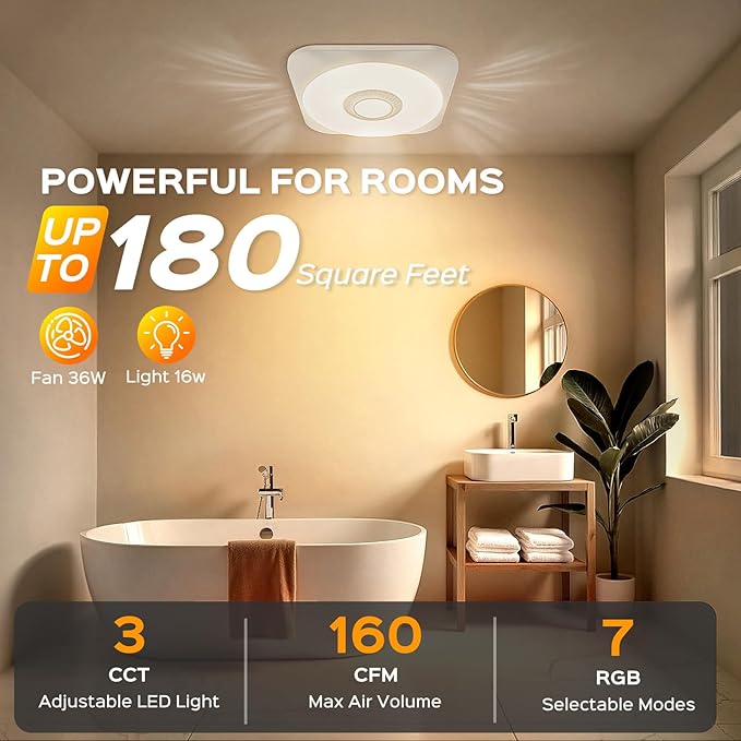 Bathroom Exhaust Fan with Light, 36W Quiet Vent Fan - 160 CFM & 1.0 Sone, 1500lm LED Light (3000K/4000K/5000K) - 5 Brightness Adjustable, 7 RGB Modes & Nightlight, Remote Control, Easy to Install - Image 7