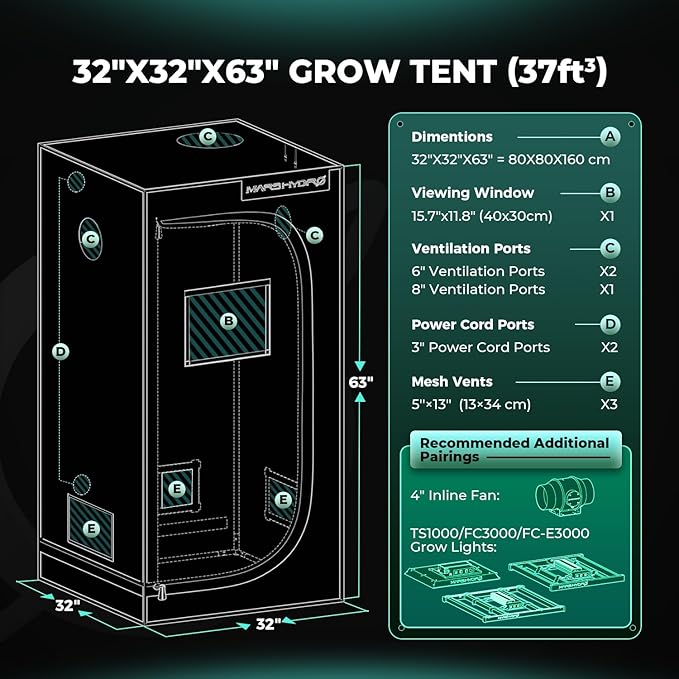 MARS HYDRO 2.6x2.6 Advanced Grow Tent, 32"x32"x63" High Reflective Mylar 1680D for Hydroponics Indoor Plant Growing, with Observation Window,Floor Tray and Smooth Zipper for TS1000/FC3000/FC-E3000 - Image 9