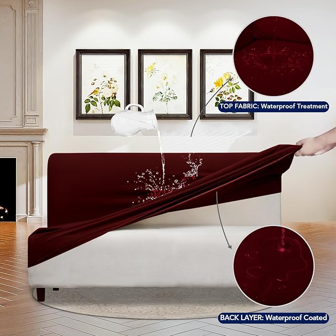 PureFit 100% Dual Waterproof Futon Cover, Couch Cover - Stretch Non Slip Fleece Sofa Covers Washable, Leakproof Furniture Protector for Kids, Pets, Dog (Futon, Wine) - Image 3