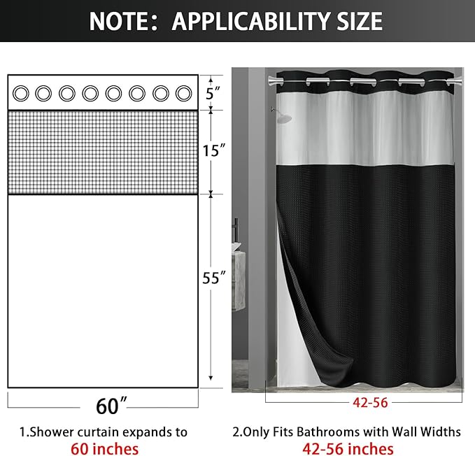 No Hook Shower Curtain and Liner Set,Black Hotel Waffle Shower Curtain with Liner 75" L x 60" W - Image 6