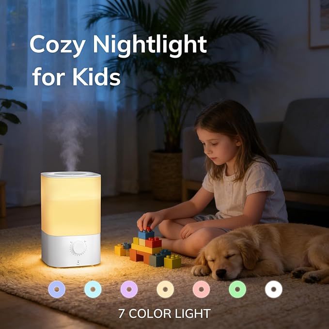 ZAFRO 3.2L Cool Mist Humidifier for Bedroom, 360° Adjustable Nozzle & 7 Color LED Night Light, Top Fill Design & Multiple Mist Levels, 24 dB Quiet Ultrasonic Comfort Humidifiers, White - Image 5