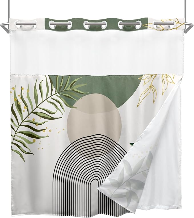 Sage Green Boho No Hooks Shower Curtain with Snap in Liner 72Wx72H Modern Mid Century Abstract Gold Leaves Minimalist Geometric Bathroom Decor Neutral Aesthetic Bath Curtain Fabric Polyester - Image 7