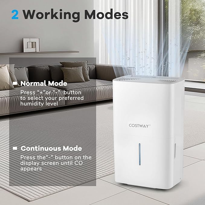 COSTWAY 65 Pints Energy Star Dehumidifier, 5000 Sq.Ft Portable Large Home Dehumidifier for Basements with 2 Modes & 3 Fan Speeds, 1.4 Gallon Tank - Image 4