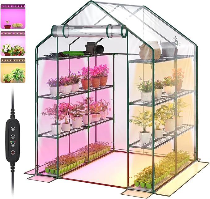 Bstrip Walk In Greenhouse, Indoor Greenhouse with Grow Lights, Mini Indoor Greenhouse with Roll-Up Zipper Entry Door and PVC Cover, Dimmable 2FT 120W Plant Light with Timer (56.3"W X 56.3"L X 76.8"H ) by Bstrip