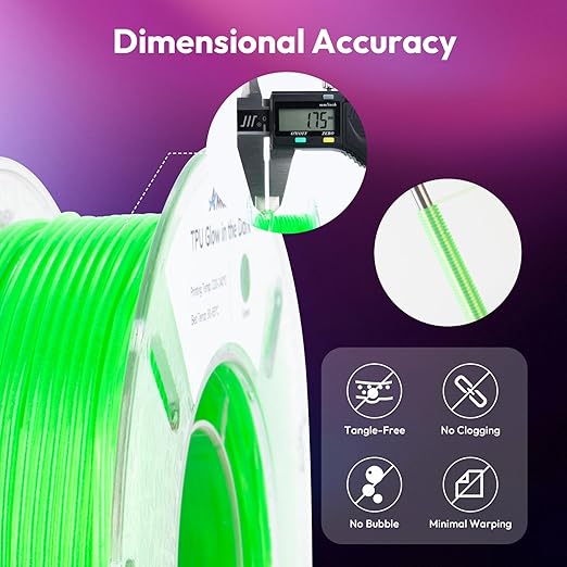 AMOLEN 95A TPU Glow in The Dark Filament Bundle, Red, Orange, Blue Purple, Green 1.75mm Soft Flexible TPU 3D Printer Filament, Best with UV Lamp, 200g x 4 Pack, Luminous Filament for Halloween - Image 6