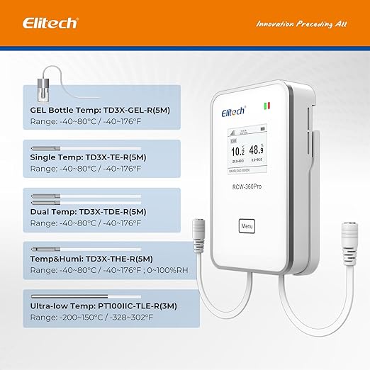Elitech Dual Temperature Probe for RCW-360Pro, -40°F to 176°F, 16.4ft Cable Auto-Detection Digital Sensor with Individual Calibration Certificate for Medical Pharma Validation, TD3X-TDE-R-5M - Image 5
