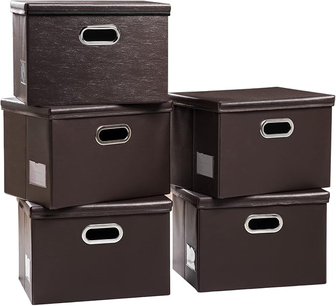 PRANDOM Foldable Storage Bins with Lids [5-Pack] Leather Fabric Collapsible Storage Boxes Organizer Containers Baskets Cube with Cover for Bedroom Closet Office Nursery Brown (14.9x10.8x10) by Prandom