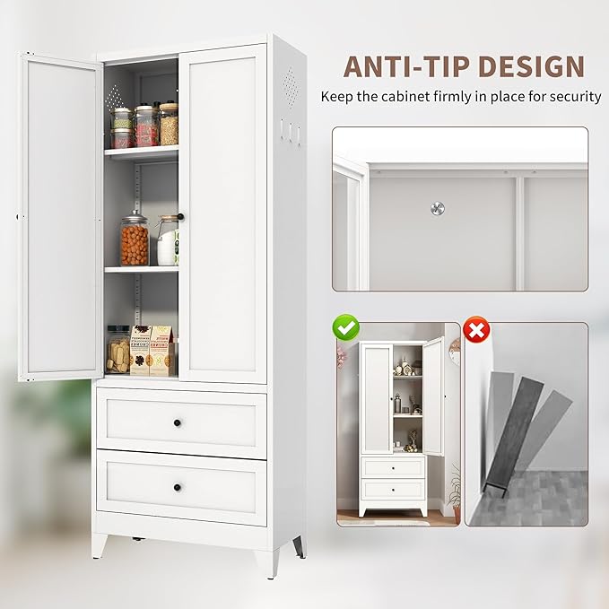 Kitchen Pantry Storage Cabinets with Drawers, 72" Tall Kitchen Cupboard Metal Pantry Cabinet with Adjustable Shelves, for Home Office Living Dining Room, Assembly Required(White) - Image 7