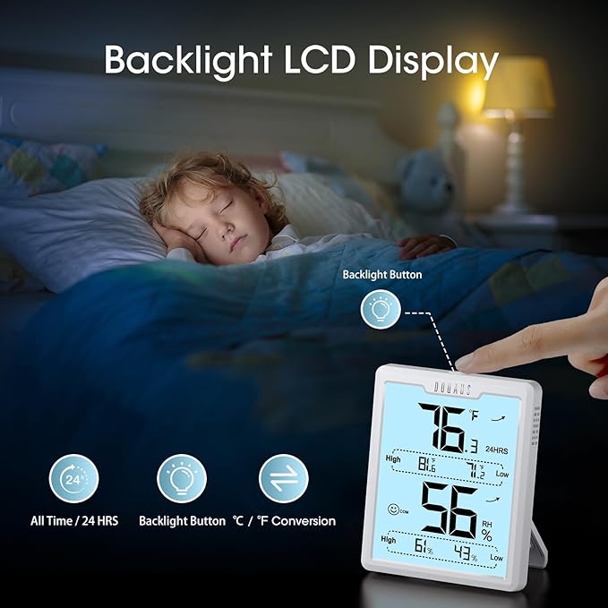 DOQAUS Digital Hygrometer Room Thermometer Indoor, Humidity Meter with Large LCD Display, Backlight Temperature Humidity Monitor with Max Min Records, White - Image 2