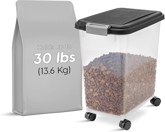 IRIS USA Airtight Dog Food Storage Container with 2-Cup Scoop and Slow Feeder Bowl Combo, Up to 30 lbs Pet Food Bin with Attachable Wheels, Anti-Slip Short Snouted Bowl, Easy to Clean, BPA Free, Black - Image 2