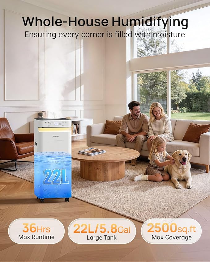 YOKEKON Humidifier Large Room 22L/5.8gal, 2500sq.ft Whole House Humidifiers for Home, Large Humidifier for Bedroom, Cool Mist Humidifiers for Bedroom Living Room Plants Office Commercial Area, White - Image 2