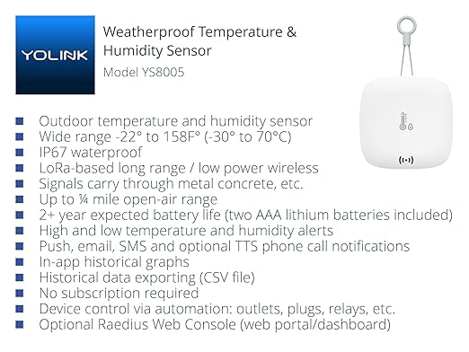 YoLink Smart Outdoor Temperature & Humidity Sensor, Hygrometer, Thermometer, 1000' Long Range, 2+ Years Battery Life, App Alerts, Text/SMS, Email Alerts, Alexa, IFTTT Integration. Hub Included! - Image 2