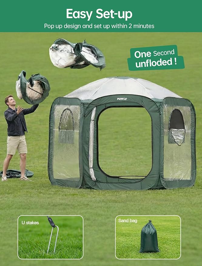 Porayhut Pop up Greenhouse Tent,Portable Large Walk-in Plant House 10’X10’ ,Indoor Outdoor Gardening Plant Sunshine Room with PVC Mesh Cloth Cover for Protecting Plant from Cold Frost & Birds - Image 6