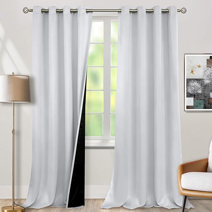 BGment Greyish White 100% Blackout Curtains 108 Inch Long 2 Panles Set, Thermal Insulated Total Light Locking Soundproof Grommet Curtains & Drapes for Living Room with Black Liner, 52 Inch Wide Each by BGment