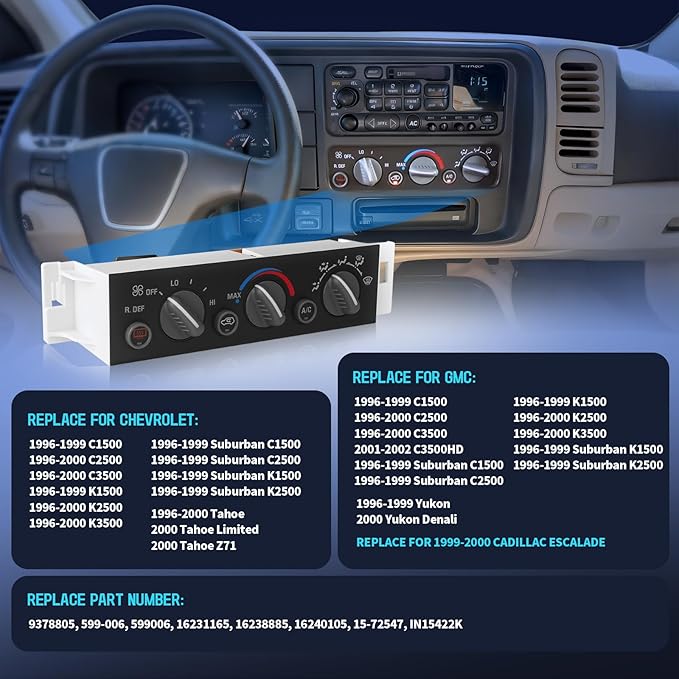 A/C Heater Control Panel with Rear Window Defogger for 1996-2000 Chevy GMC C1500 C2500 C3500 K1500 K2500 K3500 Tahoe Yukon, Cadillac Escalade, Climate Control Module Replace 599-006 - Image 2