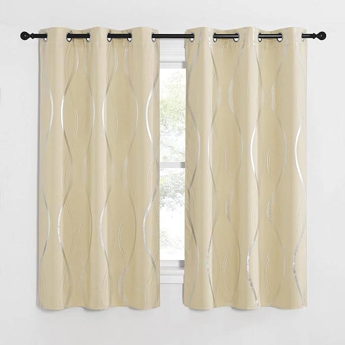 NICETOWN Bedroom Short Blackout Curtain Panels, Window Treatment Thermal Insulated Room Darkening Wave Line Foil Print Design Curtains for Kitchen, Cafe, Loft (Biscotti Beige, Set of 2, 42 by 63 Inch) by NICETOWN
