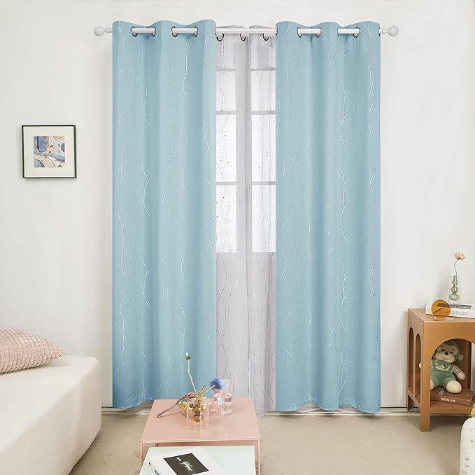 Deconovo Blackout Curtains, Thermal Insulated Soundproof Grommet Drapes, Wave Dot Foil Print, 42 x 108 Inch, Set of 2, Machine Washable Window Panel for Bedroom Living Room Nursery Kitchen, Light Blue - Image 2