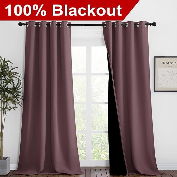 NICETOWN Thermal Insulated 100% Blackout Curtains, Noise Reducing Performance Drapes with Black Lining, Full Light Blocking Drapery Panels for Patio (Dry Rose, 1 Pair, 46 inches x 90 inches) - Image 2