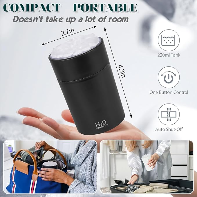 Portable Mist Humidifier Auto Shut-Off USB Powered 220ml Small Desktop Humidifiers with Colorful Light 2 Cool Spray Modes for Bedroom Office Car (Black) - Image 2