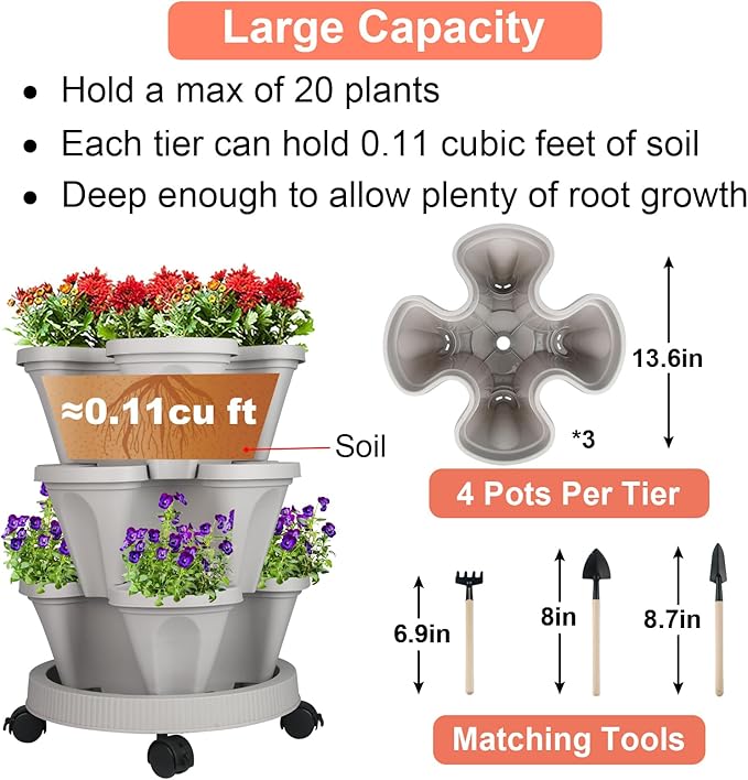 GameXcel Vertical Planter 3 Tier Stackable Planters Garden Planters Strawberry Herb Flower and Vegetable Planter Indoor Outdoor Gardening Pots with Removable Wheels and Tools - Image 5