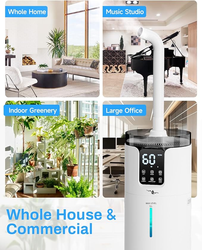 Humidifier Large Room, 4.2 Gal/16L Large Humidifier for 1500 sq.ft, 360° Nozzles Cool Mist Ultrasonic, Top Fill Tower Humidifiers for Bedroom Office Plant wholehouse with Extension Tube, Night Light - Image 8