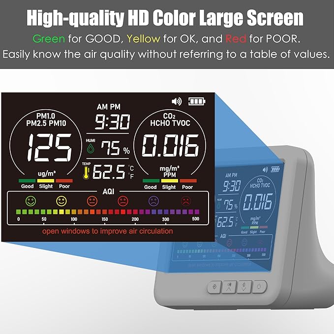 Professional Indoor Air Quality Monitor with 7X AQI,16 in 1 Portable Real-Time Detector for PM2.5 | PM10 | CO2 | TVOC | HCHO | Temp | Hum for Home Cars Plants Pets (Gray) - Image 4