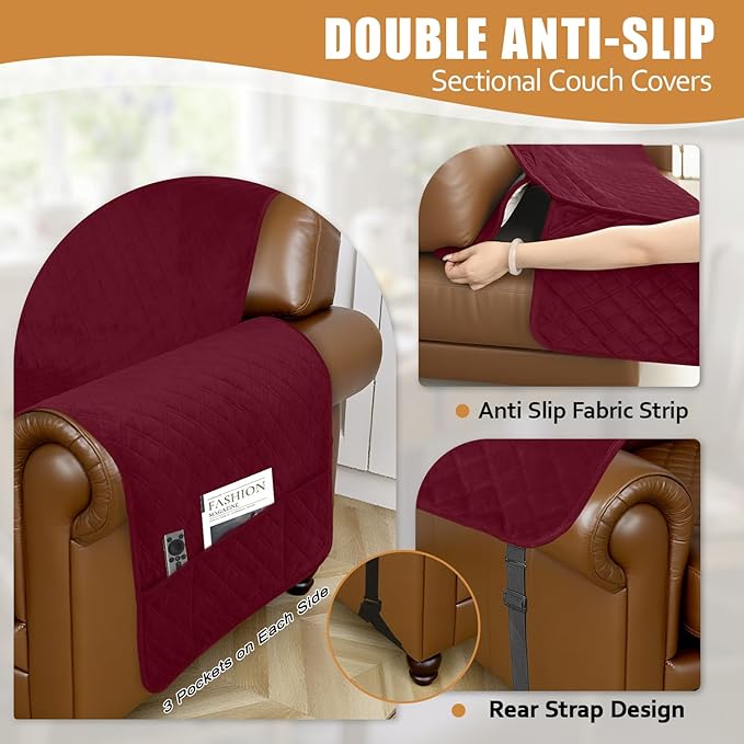 Arfntevss Waterproof Sectional Couch Covers L Shape Washable Velvet Sofa Cover for Sectional Non Slip Large Corner Slipcovers Dog 6 Pcs Universal U Shaped Furniture Protector (Burgundy, X-Large) - Image 4