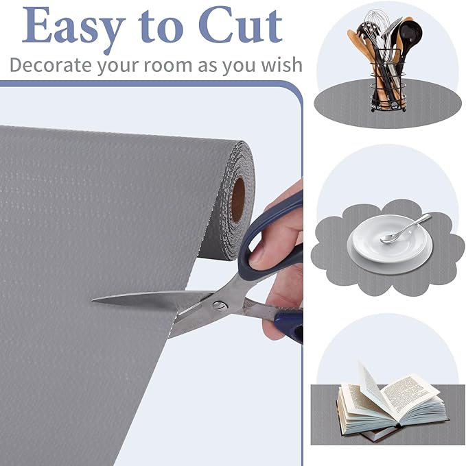 Drawer and Shelf Liner for Kitchen Cabinet: 17 in X 20 Ft Non Slip Waterproof Shelf Paper Non Adhesive Refrigerator Liners Gray Easy Liners for Bathroom Cupboard with Knife Tape Measure - Image 4