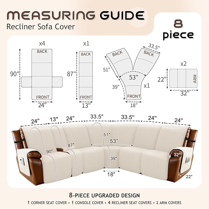 Arfntevss Waterproof Recliner Sectional Couch Covers for Reclining L Shape Sofa Cover Non Slip Washable L Shaped Slipcover Sets for Dog Furniture Protector (5 Seat with 1 Console Cover, Beige) - Image 5