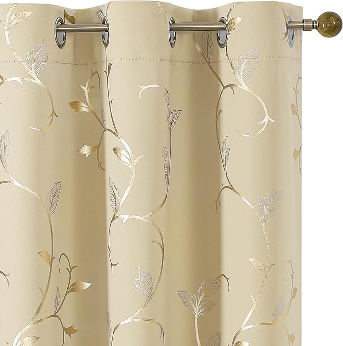BUHUA Blackout Curtains Gold Foil Print Flower Vine Grommet Drapes, Room Darkening Thermal Insulated Curtains, Noise Reducing Blackout Curtain for Bedroom, Beige, 38Wx84L, 2 Panels by BUHUA