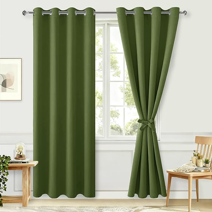 Hiasan Blackout Curtains for Bedroom, 52 x 96 Inches Long - Thermal Insulated & Energy Saving Window Curtains for Living Room, 2 Drape Panels Sewn with Tiebacks, Olive Green by Hiasan