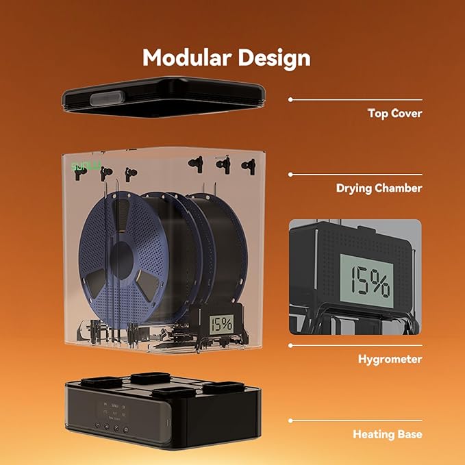 SUNLU Official Filament Box Dryer SP2,Accommodate 0.25-3KG,Compatible with filaments of 1.75/2.85mm diameter,Rapid heating,70℃ Max Temperature,Chamber and base Freely stackable separated design,Black. - Image 6