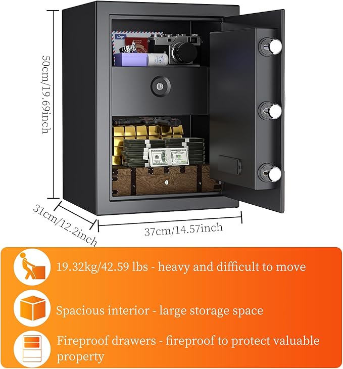 WASJOYE Fireproof Cabinet Safe Box - 2.5 Cubic Feet Home Security Safes with Fireproof Lock Drawer, Smart Cabinet Safe Box Safety Key Lock Type-C Port Alarm System for Home Office Hotel Storage - Image 6