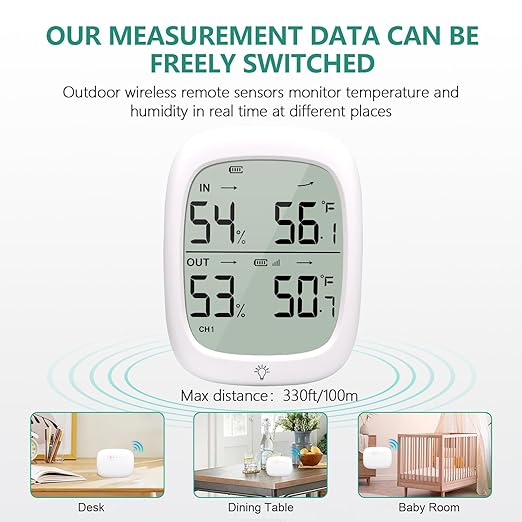 Indoor Outdoor Thermometer Wireless, Outside Digital Thermometer Humidity with IP66 Waterproof Sensor, LCD Backlight, Max/Min Trend, Wireless Humidity Gauge for Home Room Greenhouse,Patio - Image 2