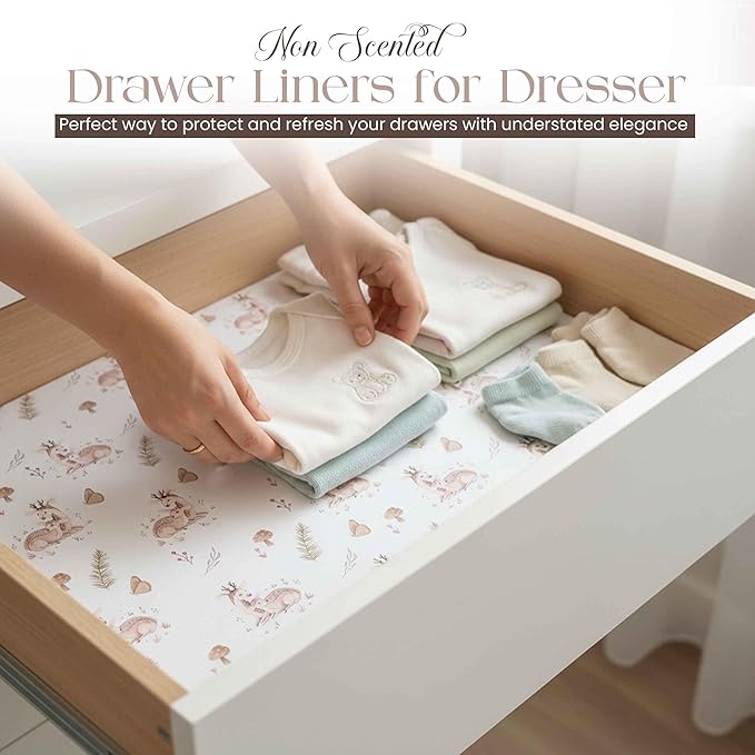 8X Non Scented Drawer Liners for Dresser - Double-Sided Pattern Non Adhesive Shelf Liner - Woodland Theme Lining Paper for Drawers for Baby Furniture - Cabinet Paper Drawer Liner is Ideal Winter Gift - Image 2