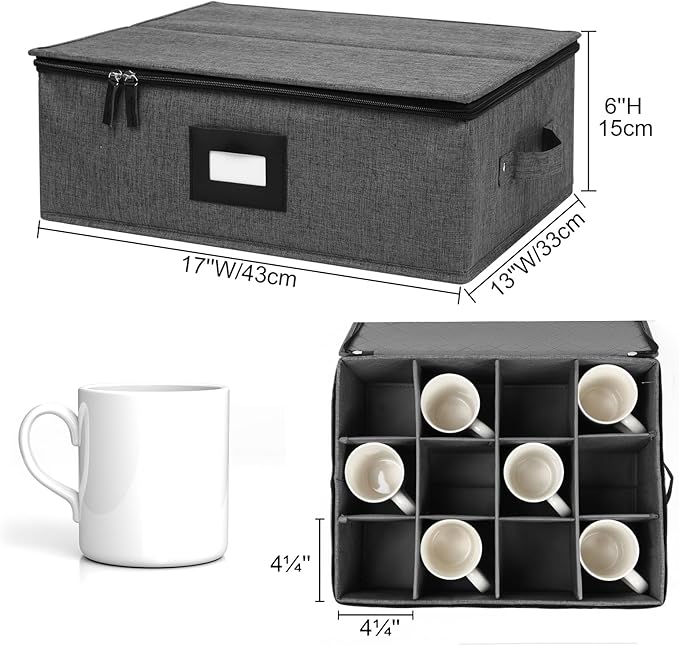 Mayniu Cup and Mug Storage Box 2Pack, China Storage Containers for 12 Tea Cups or Coffee Mugs with Zipper Lid and Rivet Reinforced Handles, Hard Shell and Stackable (Black) - Image 5