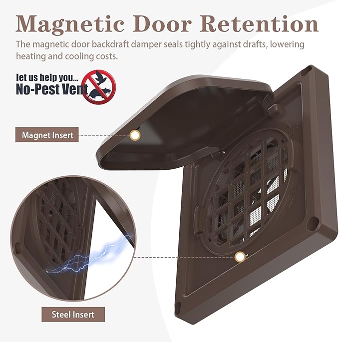 Dryer Vent Cover Outside 4 inch, Magnetic Door Design, Durable Airflow Vent with Lint Trap Screen, Thickened Material, 6 inch x 6 inch Size, Brown - Image 4
