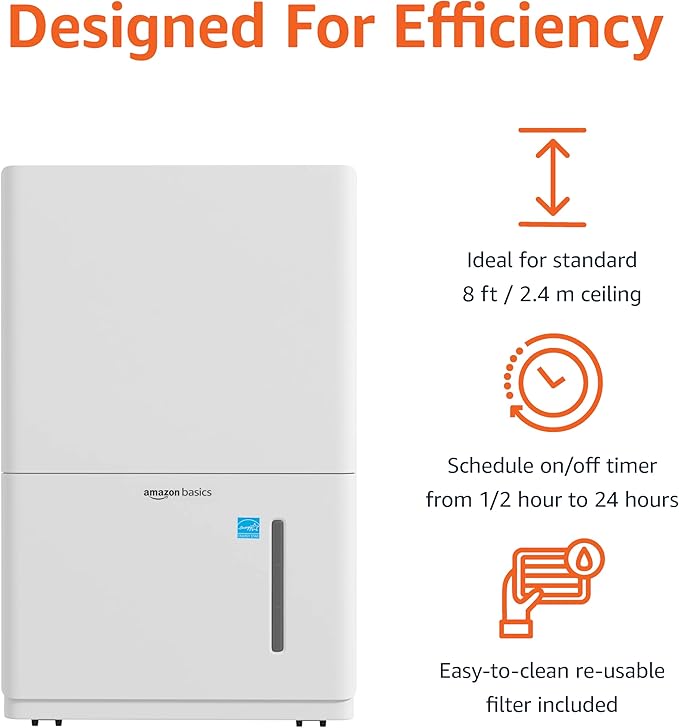 Amazon Basics 50-Pint Large Dehumidifier with Humidity Control, Timer, Auto-Defrost, Overflow Protection, Energy Star Certified, Washable Filter for Rooms up to 4000 SFT, White - Image 3