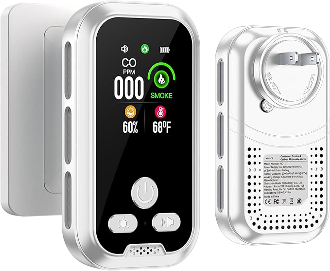 4in1 Plug in Smoke & Carbon Monoxide Detector Combination Builti-in 2000mAh Backup Battery HD Screen [Smoke CO Temp Humidity Sensor] for Home Hotel Travel (1 Pack, White) by HAKINAKU