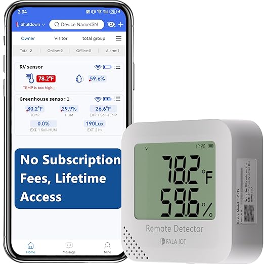 WiFi Temperature & Humidity Monitor, No Subscription 24/7 Remote Temp Sensor with Email, Text Alerts, Sound & Light Alarm, Idea for RV, Pet, Greenhouse, Farm, Freezer, Server Room,S22D by FALAIOT