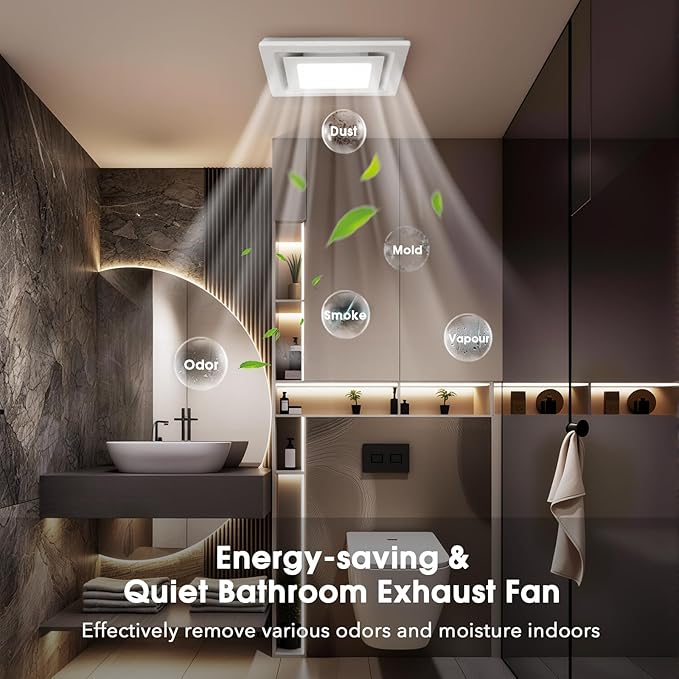 FEITON Bathroom Exhaust Fan with Light (3000K/4000K/5000K), Ceiling Mount, 110 CFM 1.0 Sones, Quiet Square Bath Fan Light Combo(Metal housing, 4 Inch Duct, Ceiling Opening Size: 7.6 x 7.3 Inches) - Image 2