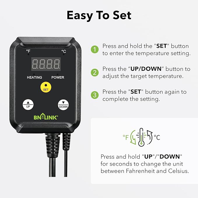 BN-LINK Reptile Thermostat Temperature Controller, Digital Heat Mat Thermostat for Seed Starting, Plant Germination, Greenhouse, Incubator, Brooder, Brewing, Reptiles Tank,40-108°F, 1000W, ETL Listed - Image 7